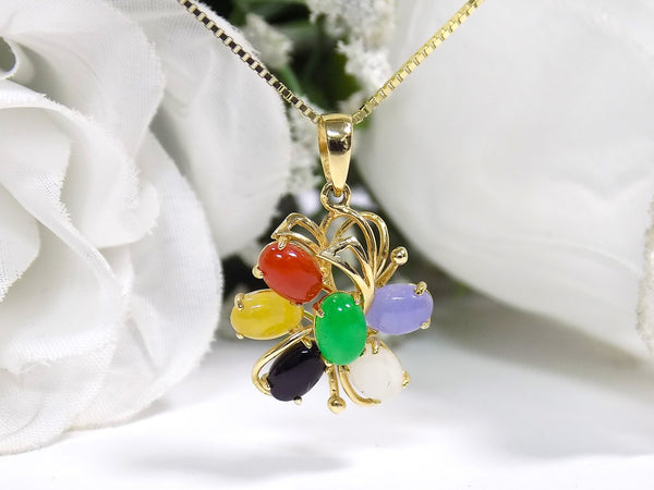 ESTATE Women's Multi-Color Jade/Onyx Pendant/Necklace in Solid 14K Yellow Gold - Like NEW