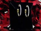 This is .50ct total weight natural diamond inside out hoop earrings in 10K yellow gold on a black pad with a red floral background.