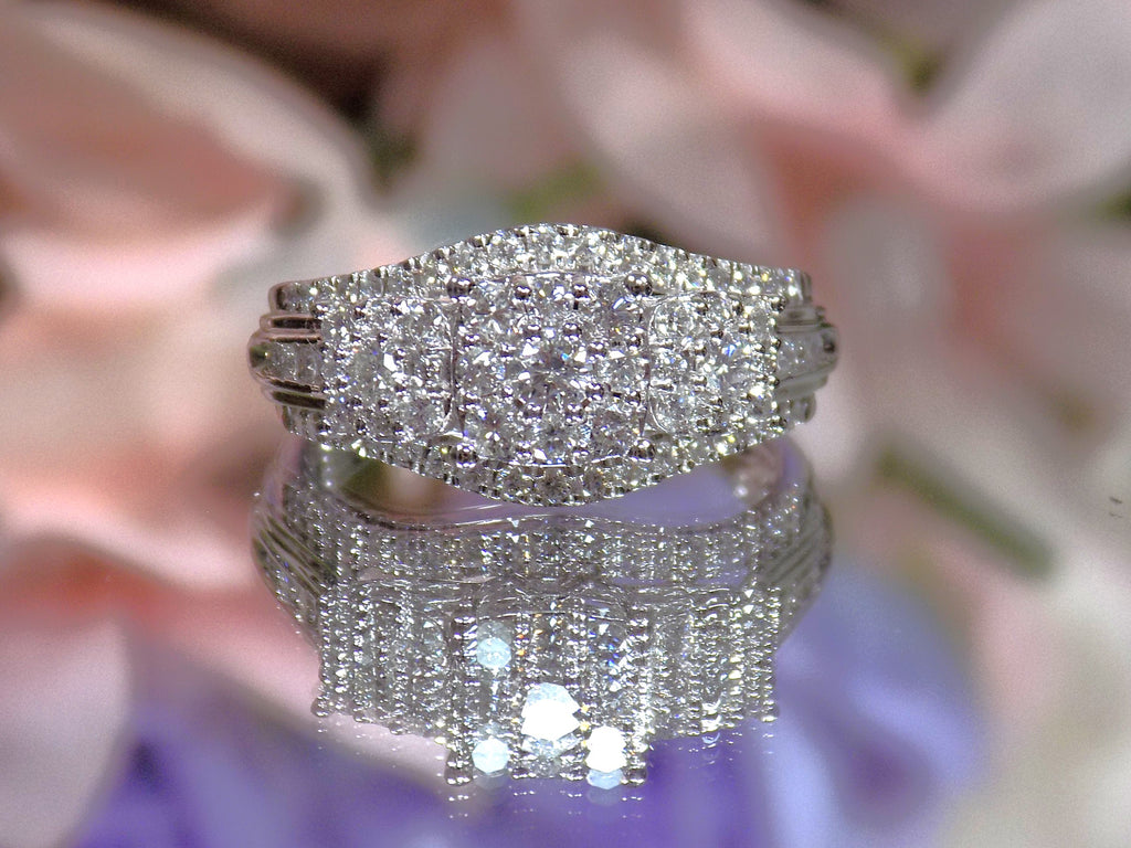 1.00ct total weight 3 stone style natural diamond cluster ring in 10K white gold.