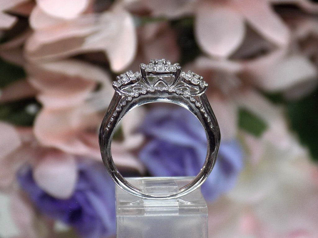 1.00ct total weight 3 stone style natural diamond cluster ring in 10K white gold side view.
