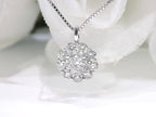 This is a 2.00ct natural round halo style diamond necklace with a 1.00ct center round brilliant diamond and 1.00ct round brilliant diamonds in the halo in 14K white gold with a white background.