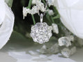 This is a 2.00ct natural round halo style diamond necklace with a 1.00ct center round brilliant diamond and 1.00ct round brilliant diamonds in the halo in 14K white gold with a white and green floral background.