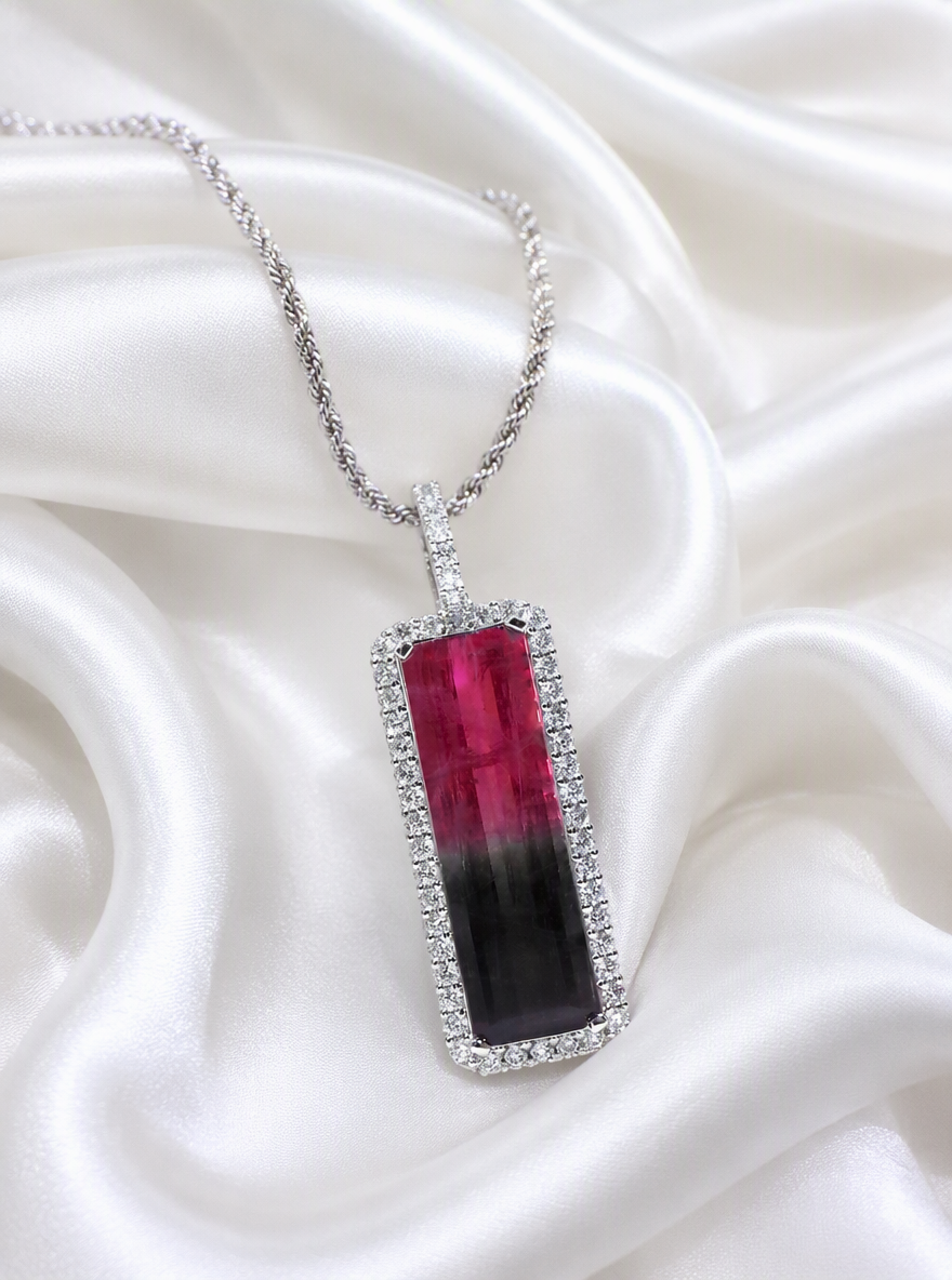 Women's Halo Style Rare 17.96ct TW Natural Bi-Color Tourmaline & Diamond Pendant or Necklace in 14K White Gold