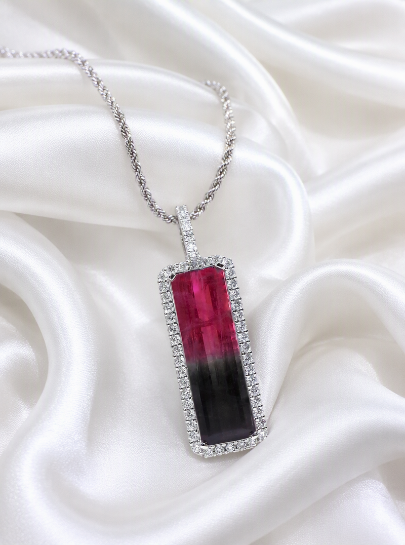 Women's Halo Style Rare 17.96ct TW Natural Bi-Color Tourmaline & Diamond Pendant or Necklace in 14K White Gold