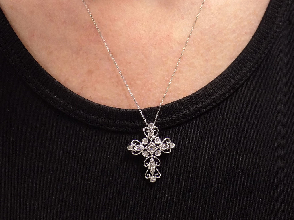 Women's Filigree Style .25ct TW Natural Diamond Cross Pendant or Necklace in 14K White or Yellow Gold Your Choice