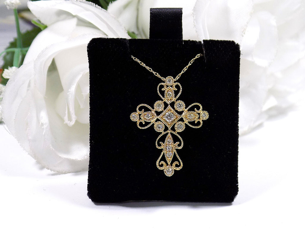 Women's Filigree Style .25ct TW Natural Diamond Cross Pendant or Necklace in 14K White or Yellow Gold Your Choice