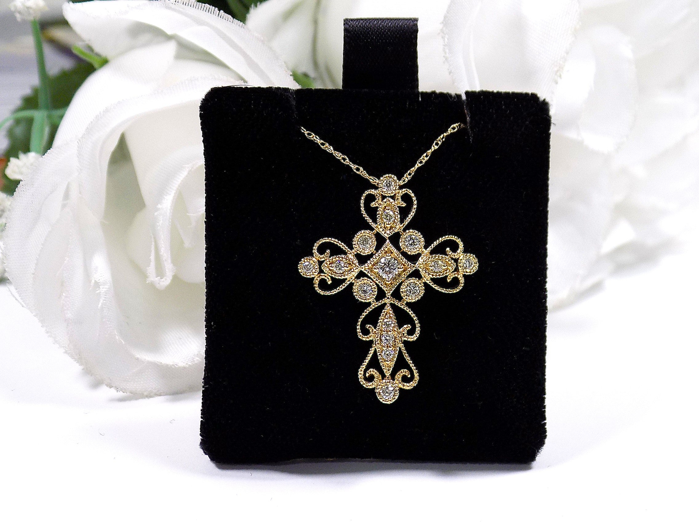Women's Filigree Style .25ct TW Natural Diamond Cross Pendant or Necklace in 14K White or Yellow Gold Your Choice