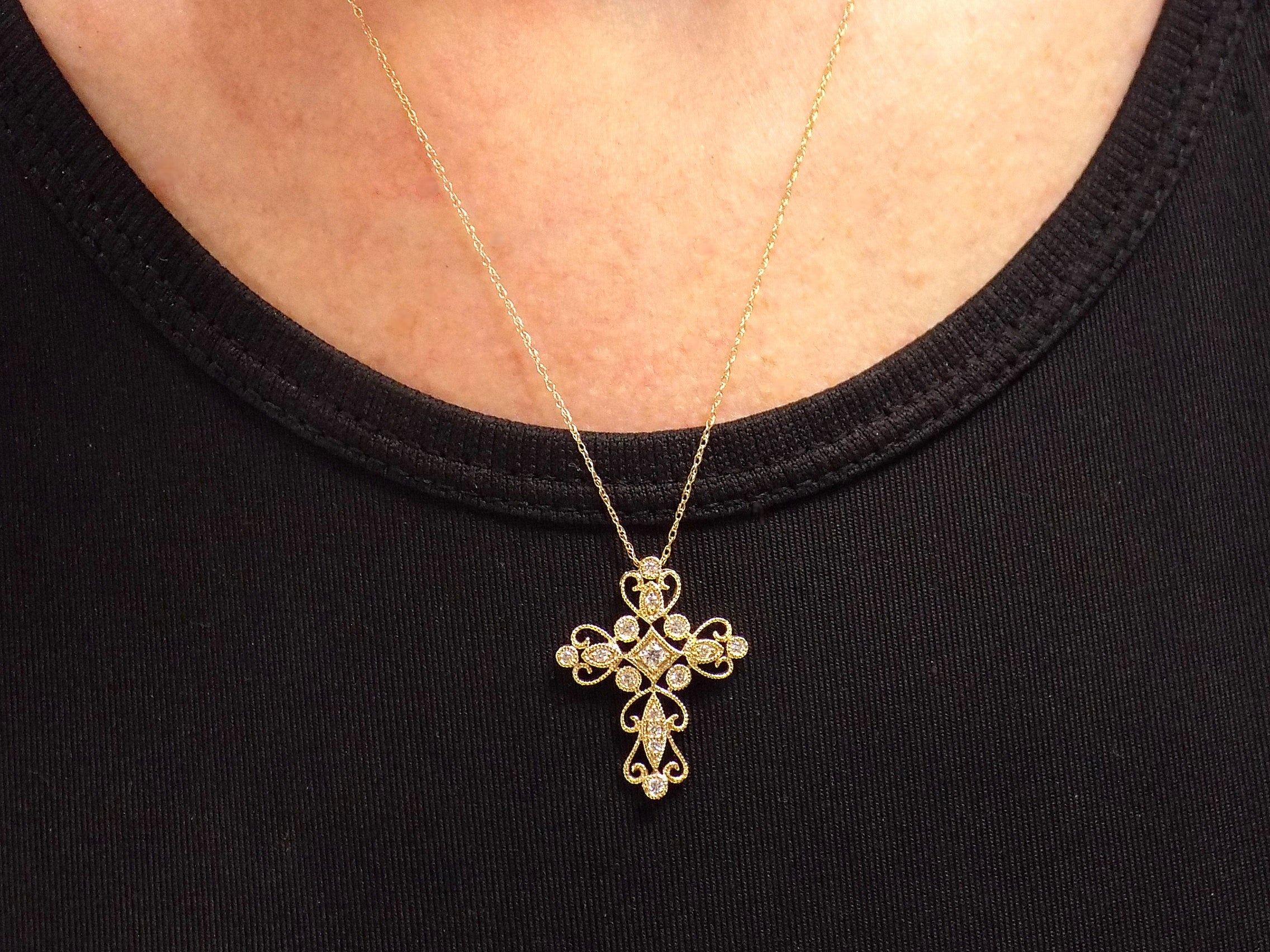 Women's Filigree Style .25ct TW Natural Diamond Cross Pendant or Necklace in 14K White or Yellow Gold Your Choice