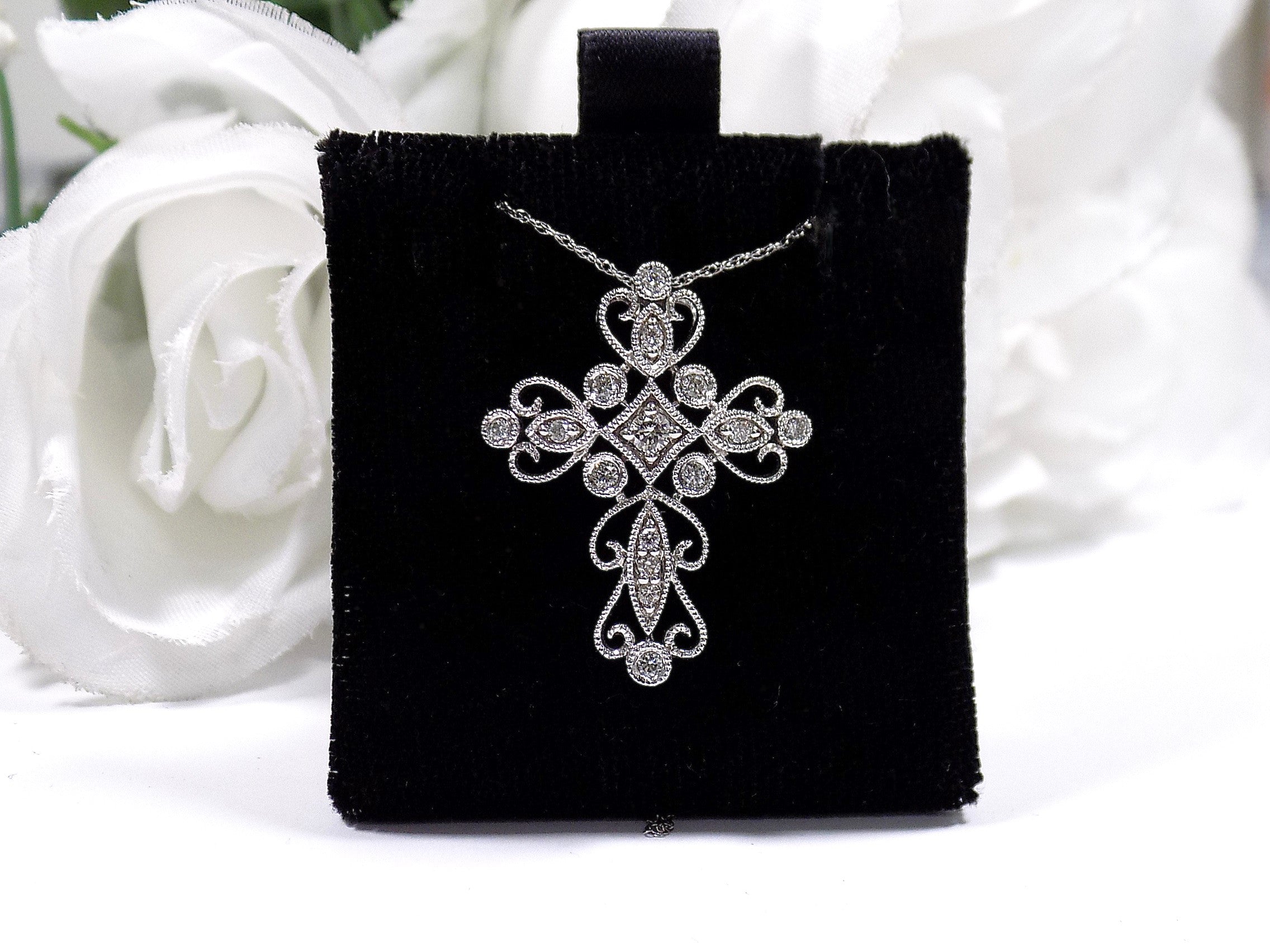 Women's Filigree Style .25ct TW Natural Diamond Cross Pendant or Necklace in 14K White or Yellow Gold Your Choice