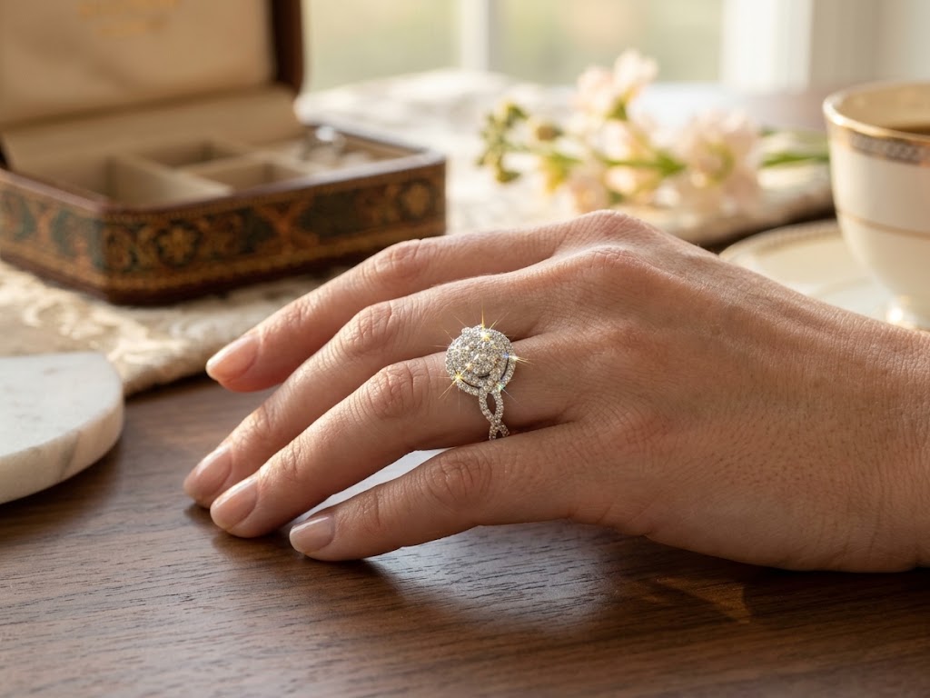 Women's 1.00ct TW Natural Diamond Double Halo Cluster or Cocktail Ring in Solid 14K White Gold