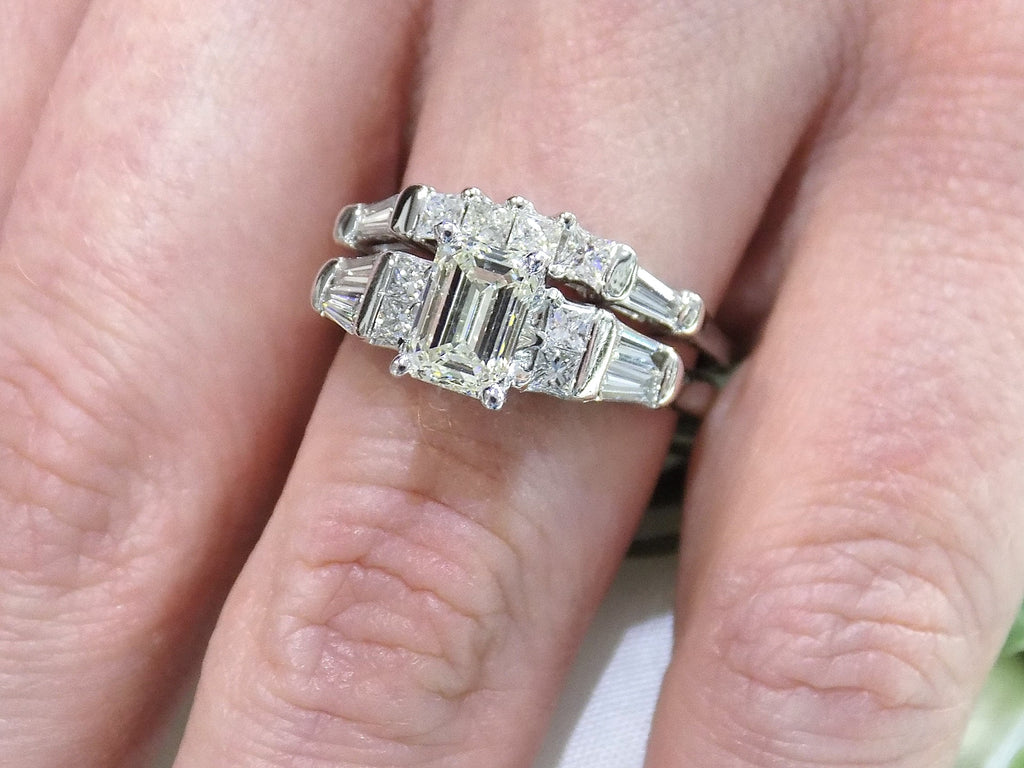 Women's 2.54ct TW Natural Emerald Cut 2-Piece Diamond Wedding Set in 14K White Gold - 1.11ct Emerald Cut Center