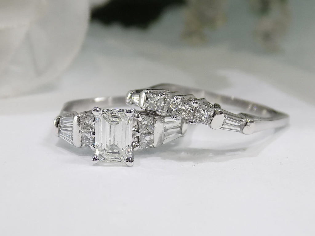Women's 2.54ct TW Natural Emerald Cut 2-Piece Diamond Wedding Set in 14K White Gold - 1.11ct Emerald Cut Center