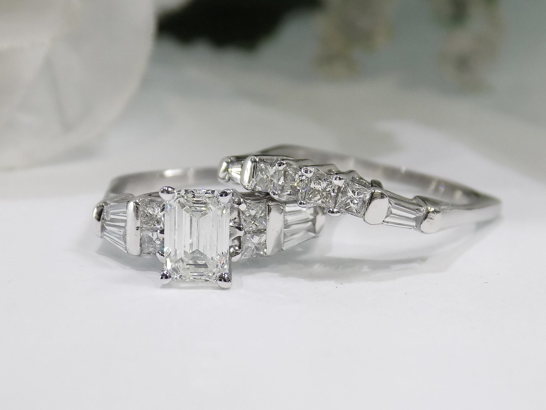 Women's 2.54ct TW Natural Emerald Cut 2-Piece Diamond Wedding Set in 14K White Gold - 1.11ct Emerald Cut Center