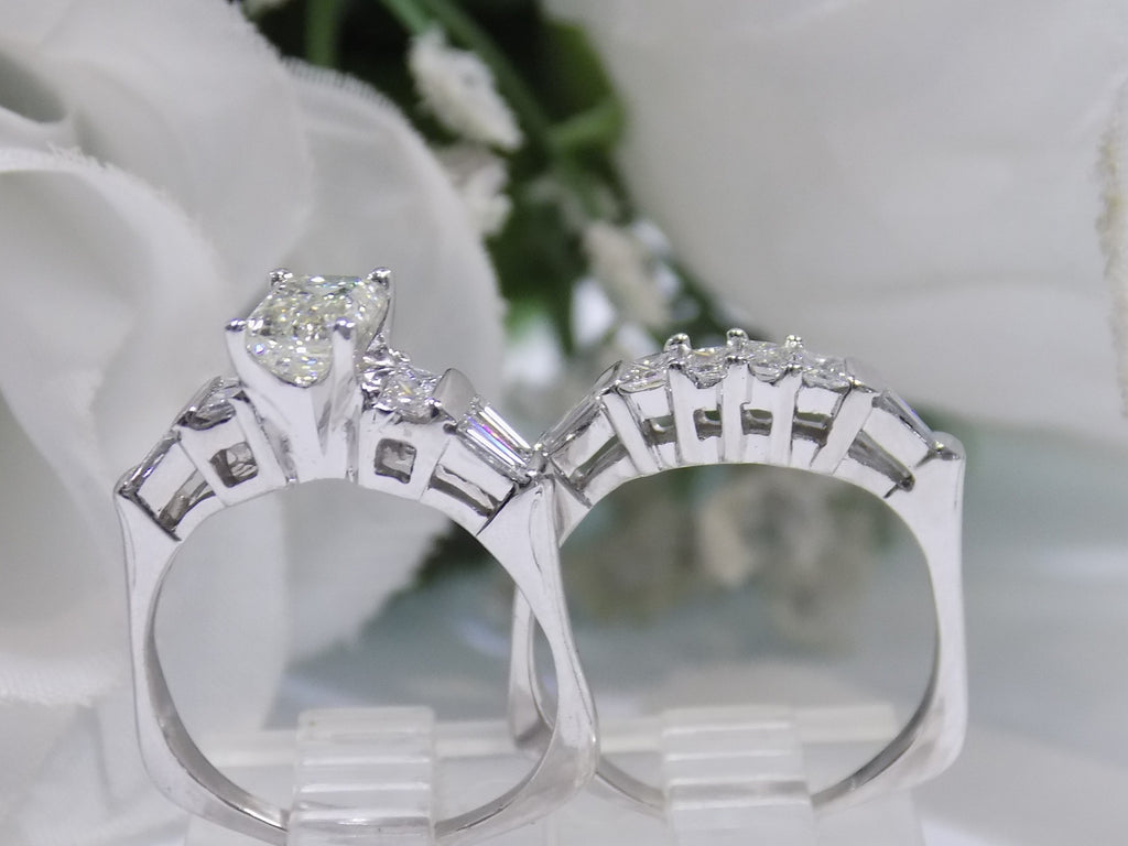 Women's 2.54ct TW Natural Emerald Cut 2-Piece Diamond Wedding Set in 14K White Gold - 1.11ct Emerald Cut Center