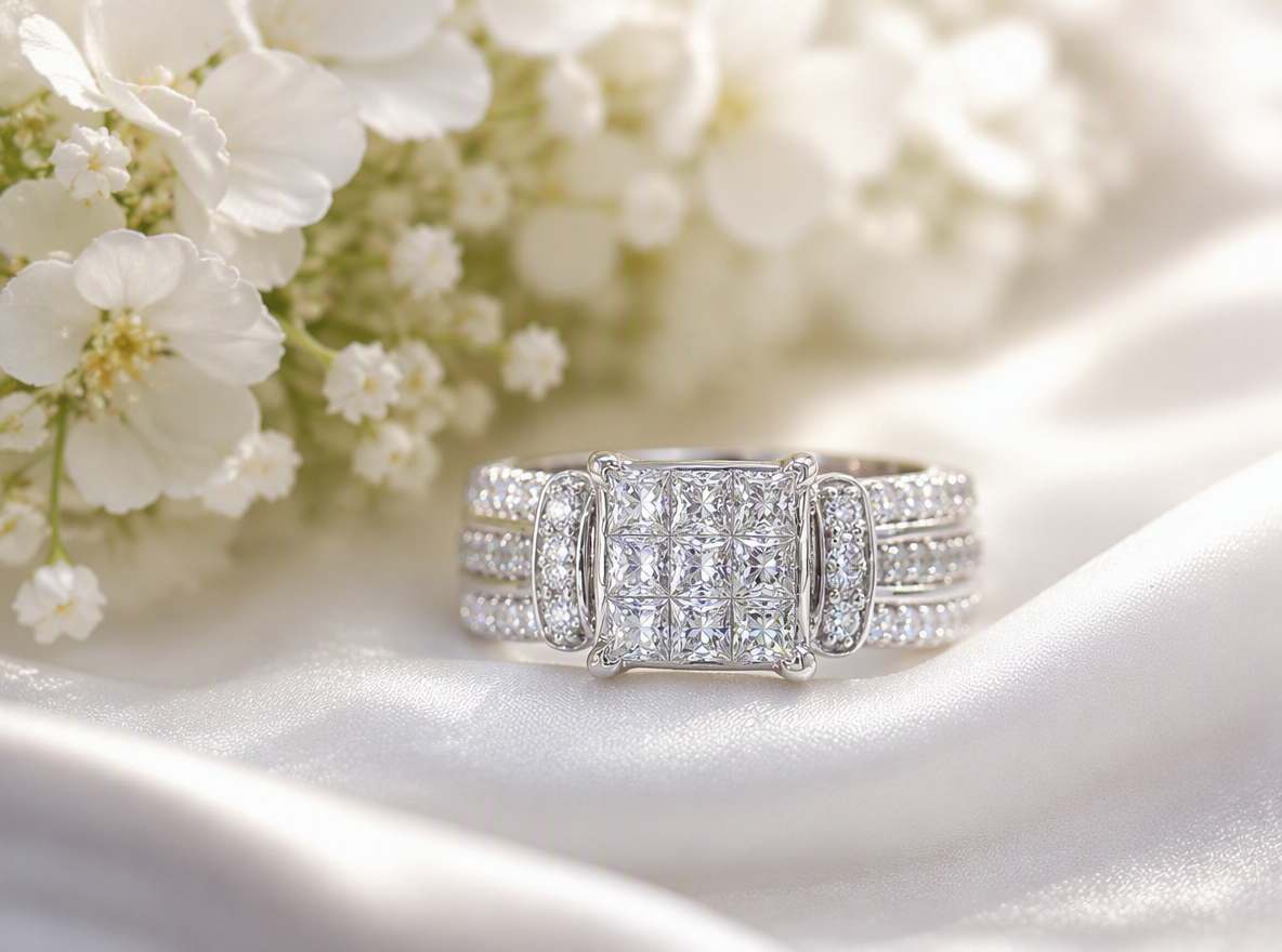 Women's ESTATE 1ct TW Invisible Set Natural Princess Cut & Round Diamonds in 10K White Gold