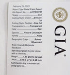 The image shows a lab results from a GIA certificate regarding the origins of a high quality natural burmese ruby.