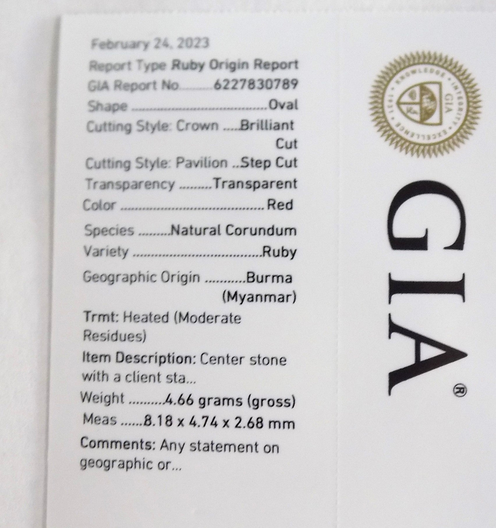 The image shows a lab results from a GIA certificate regarding the origins of a high quality natural burmese ruby.