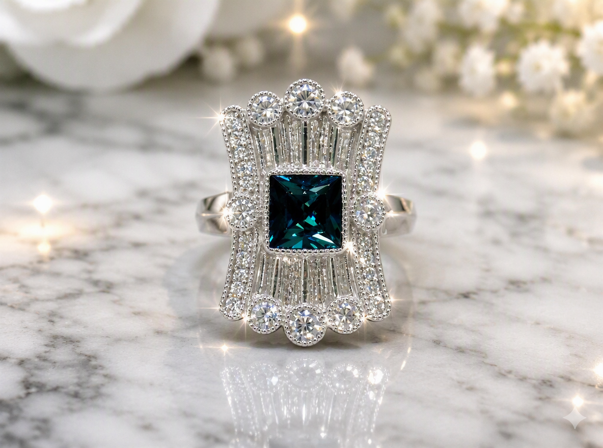 Women's 1.78ct Rare Vintage Custom Made Indicolite Tourmaline & Diamond Ring in 14K White Gold - Very Victorian Style - Like Brand NEW!