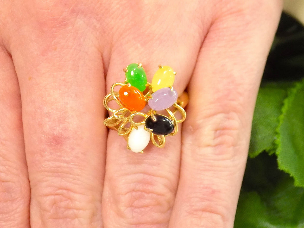 ESTATE Women's Multi-Color Jade/Onyx Gemstone Ring in Solid 14K Yellow Gold - Like NEW