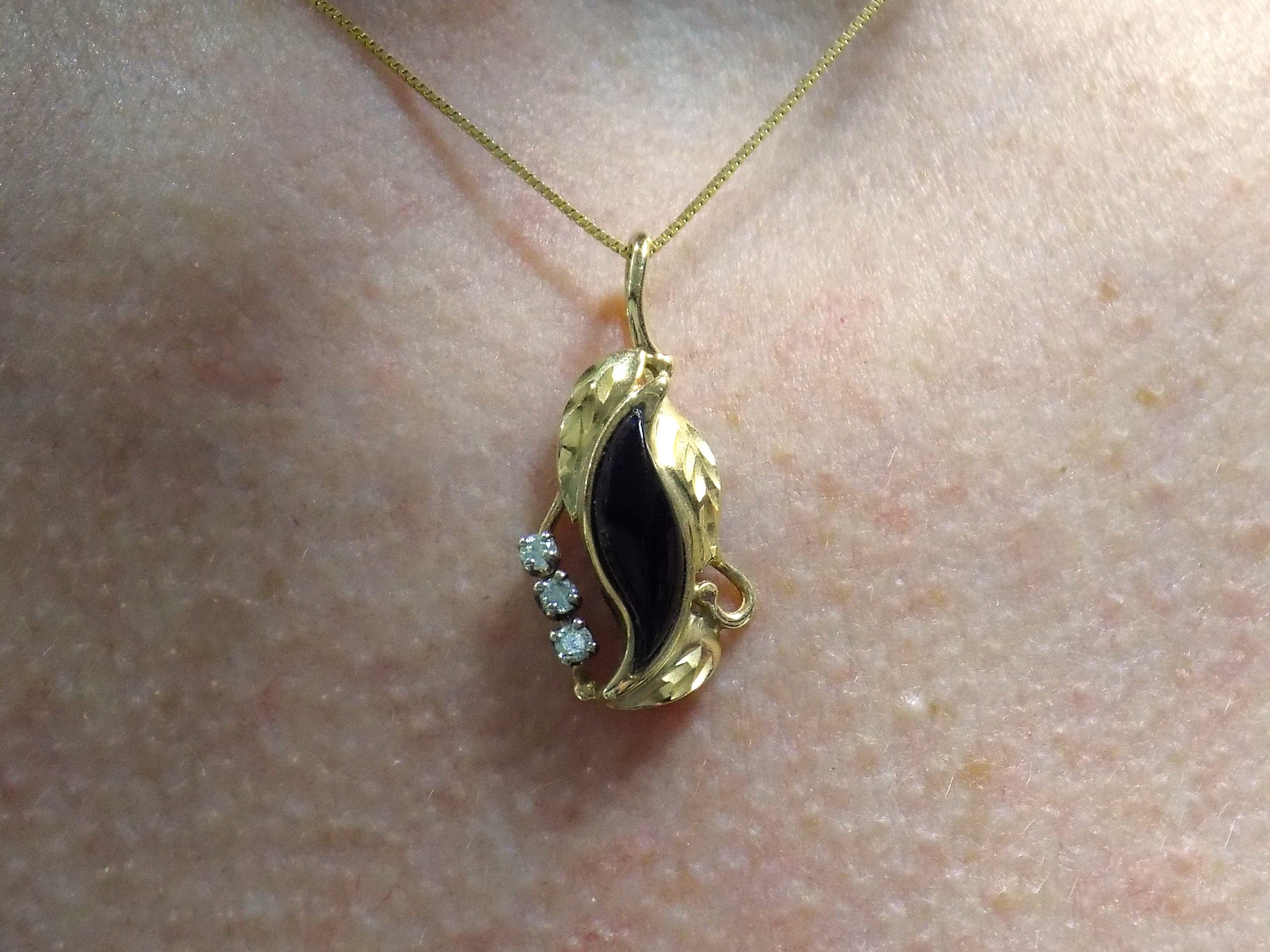Black Onyx & Natural Diamond Pendant in Solid 14K Yellow Gold - Estate Collection