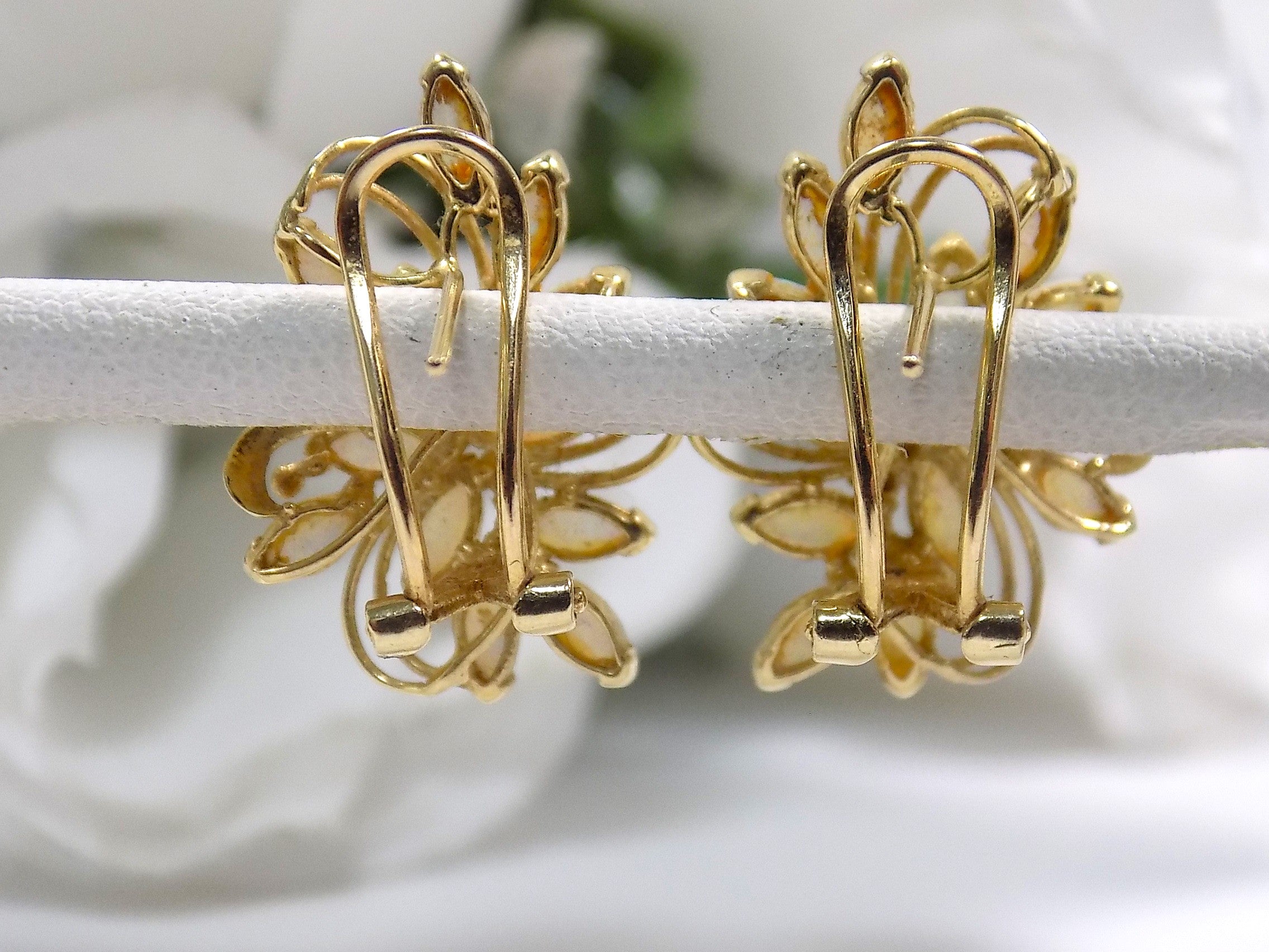 Estate 2ct TW Natural Marquise Shape Opal Cluster Earrings in Solid 14K Yellow Gold with Omega Backs