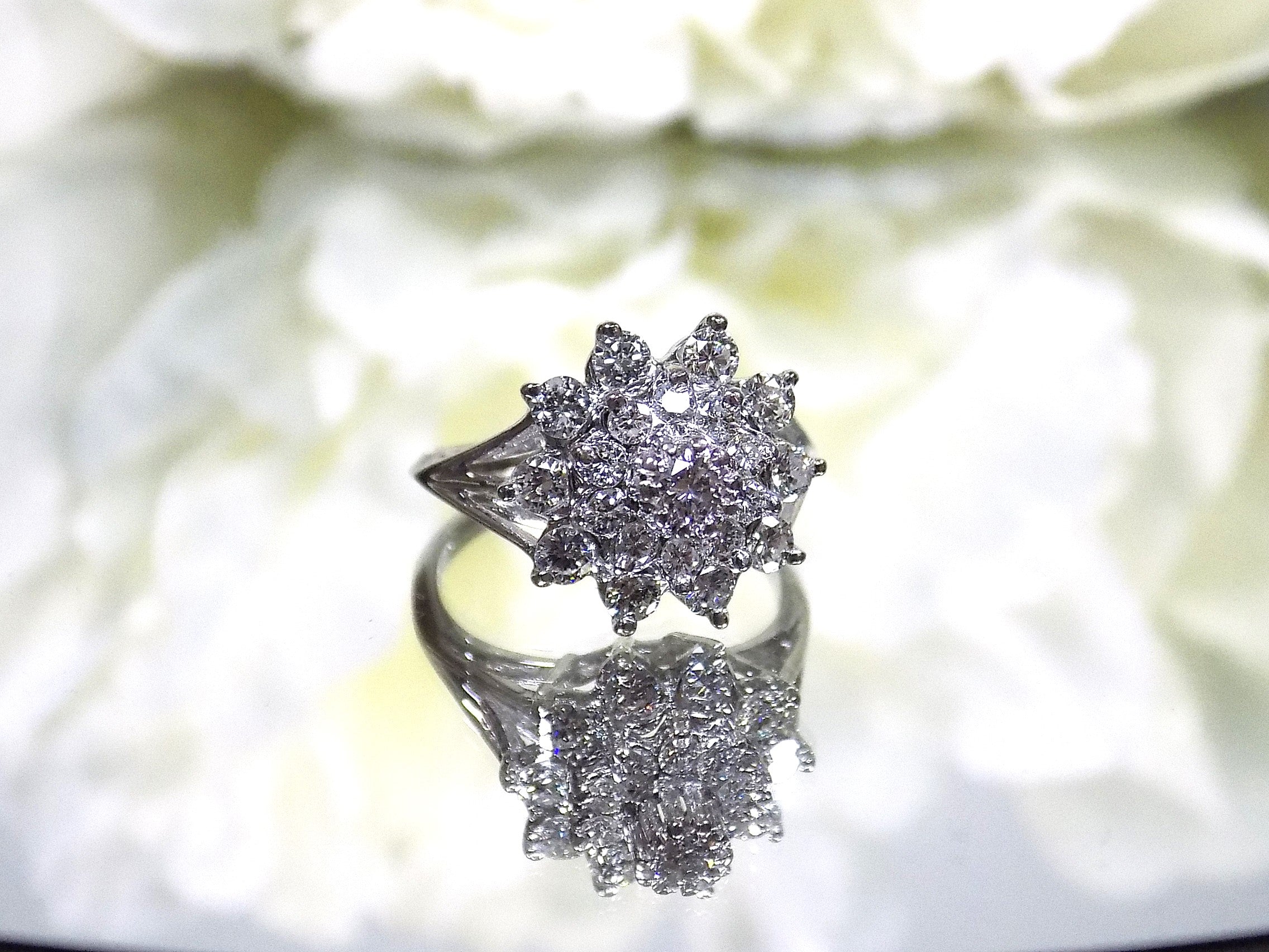 Vintage 1ct TW Natural Round Diamond Cluster Ring in Solid 14K White Gold