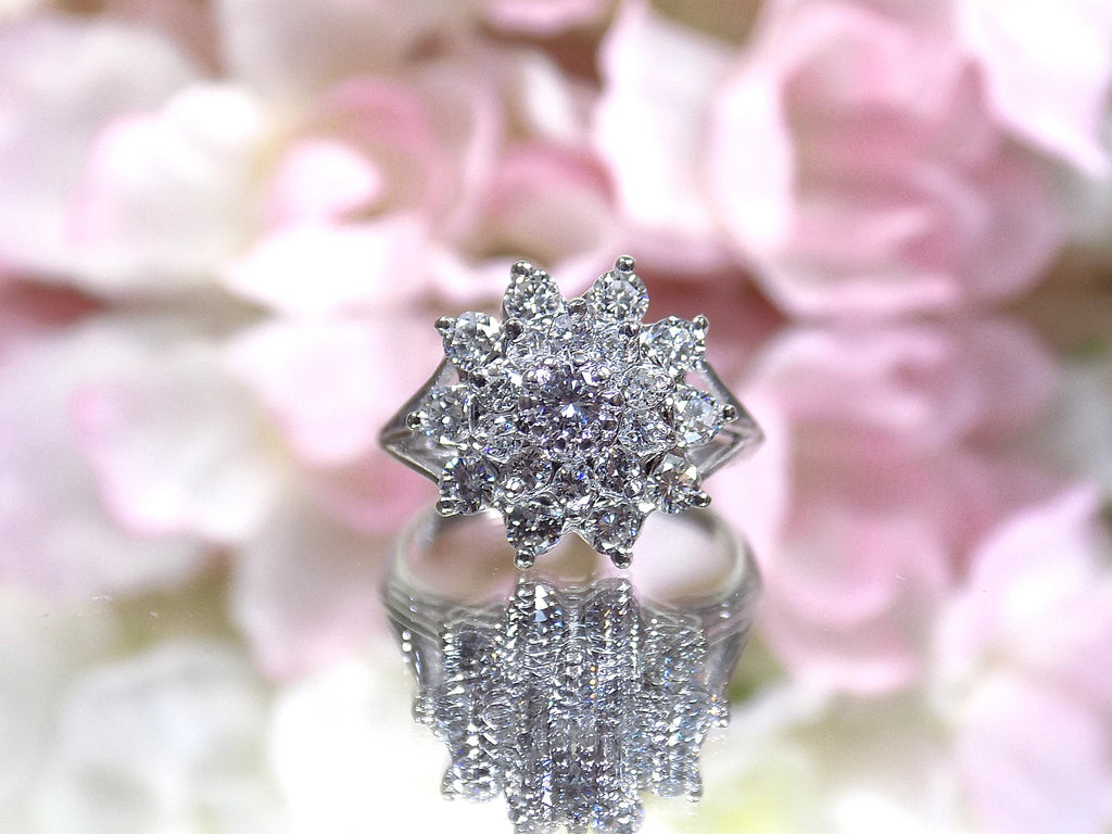 Vintage 1ct TW Natural Round Diamond Cluster Ring in Solid 14K White Gold