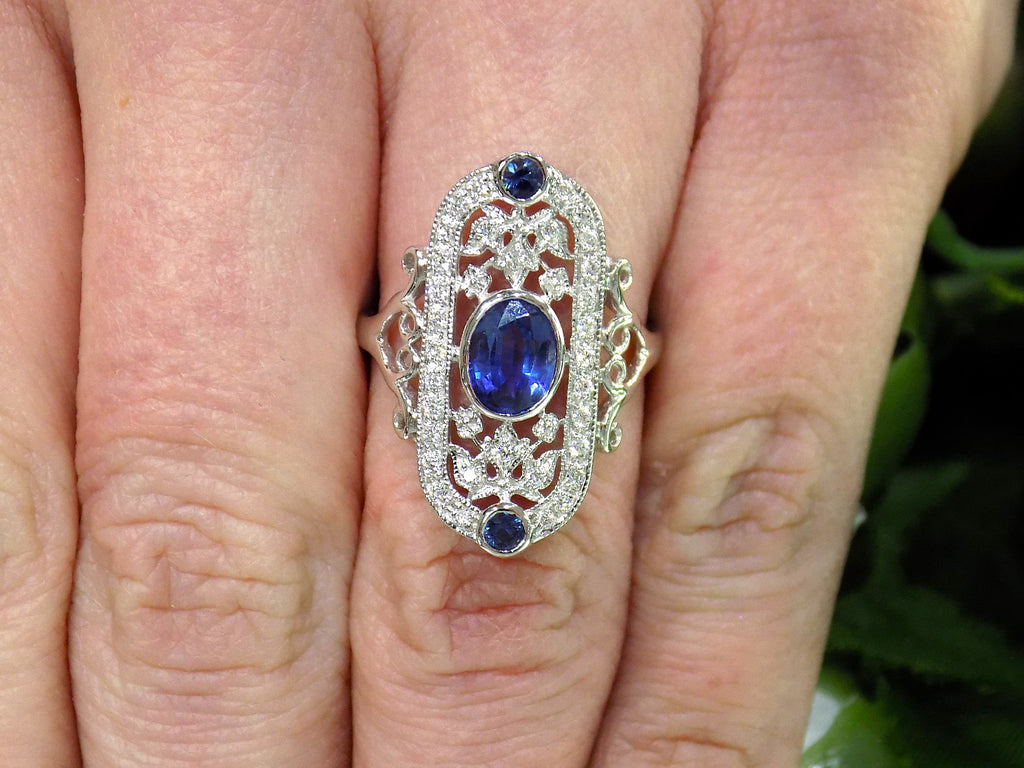 Women's 1.44ct TW Victorian Style Natural Oval Shape Blue Sapphire Ring with Natural Diamond Accents in 14K White Gold