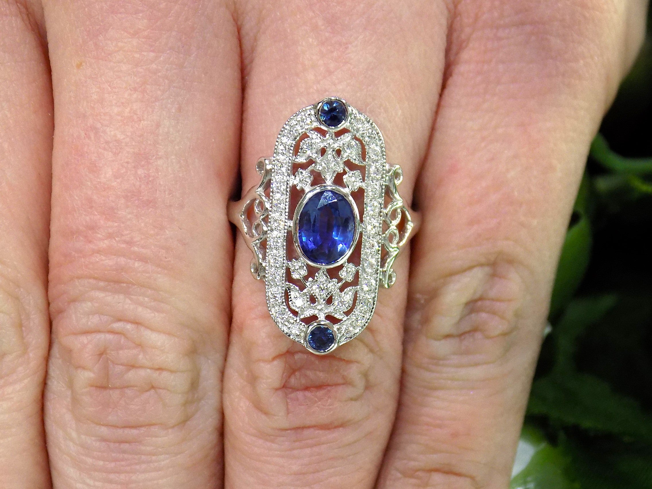 Women's 1.44ct TW Victorian Style Natural Oval Shape Blue Sapphire Ring with Natural Diamond Accents in 14K White Gold