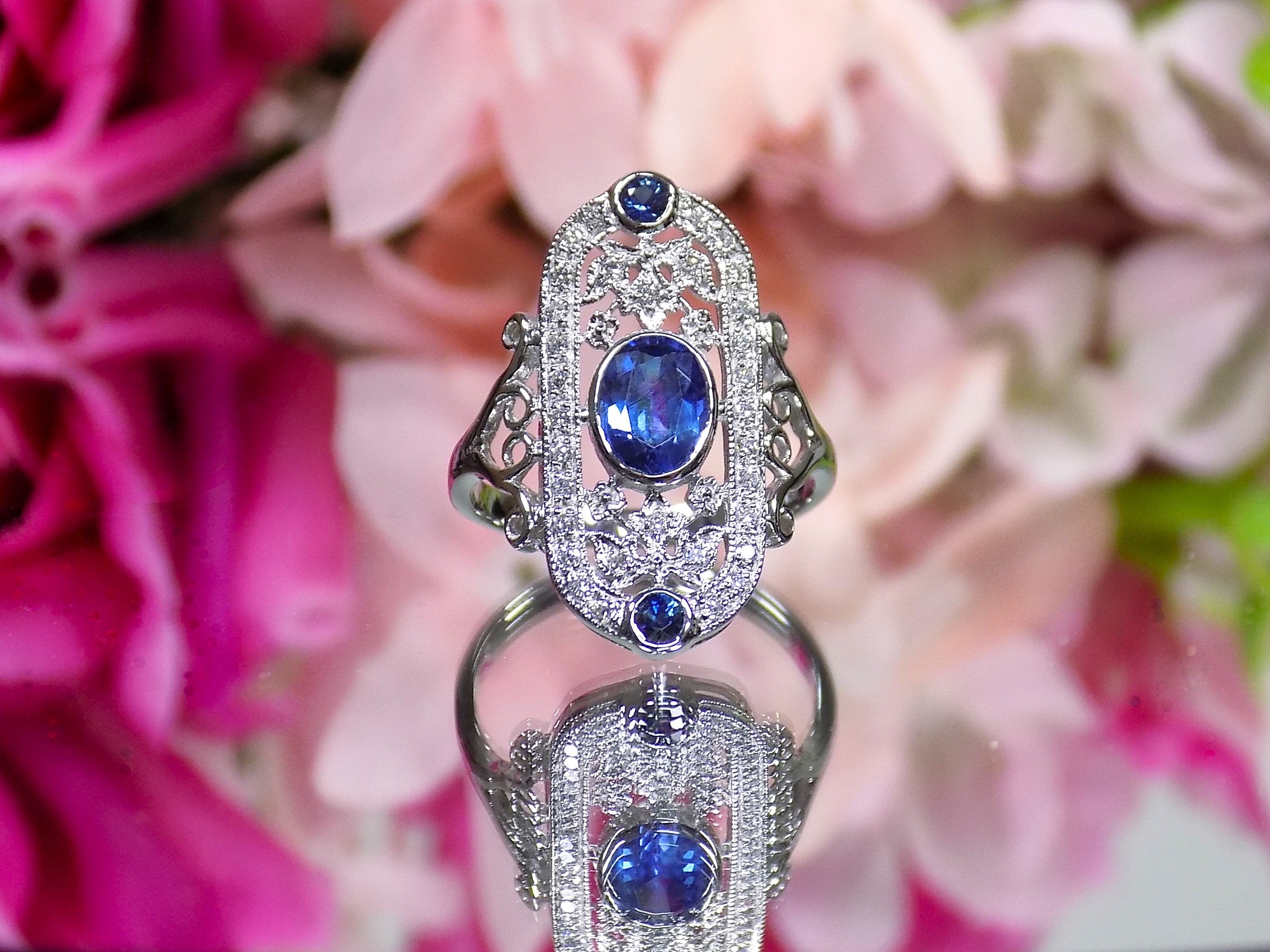 Women's 1.44ct TW Victorian Style Natural Oval Shape Blue Sapphire Ring with Natural Diamond Accents in 14K White Gold