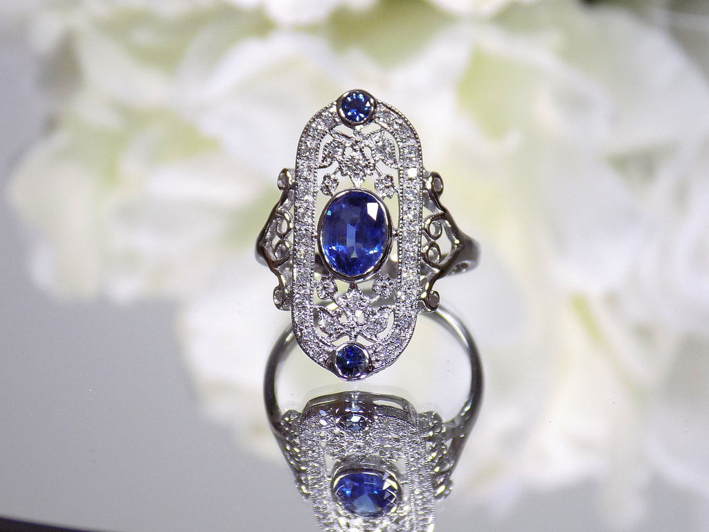 Women's 1.44ct TW Victorian Style Natural Oval Shape Blue Sapphire Ring with Natural Diamond Accents in 14K White Gold