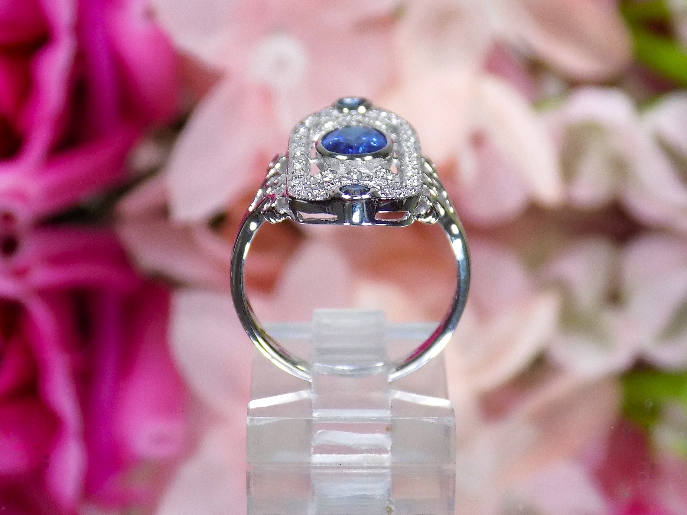 Women's 1.44ct TW Victorian Style Natural Oval Shape Blue Sapphire Ring with Natural Diamond Accents in 14K White Gold