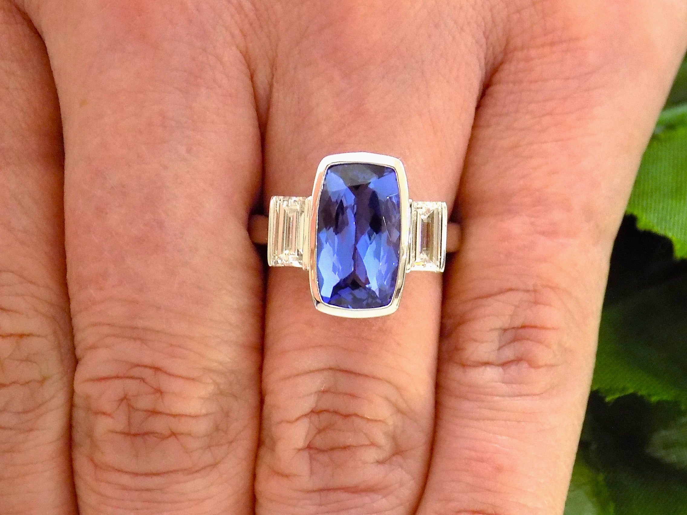 Women's Custom 4.50ct TW Bezel Set Natural Cushion Cut Tanzanite & Baguette Diamond Ring in Solid 14K White Gold