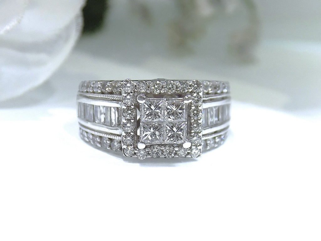 2.00ct total weight natural diamond princess cut, round, and baguette ring in 14K white gold.