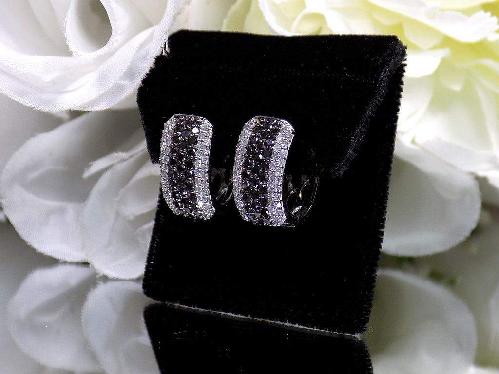 1.00ct total weight natural black and white diamond earrings in solid 14K white gold. Side view.
