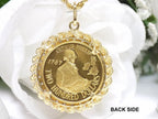 This is the back side of a vintage 1987 Australian $200 gold coin with a yellow gold rope and diamond bezel pendant shown on a white background.
