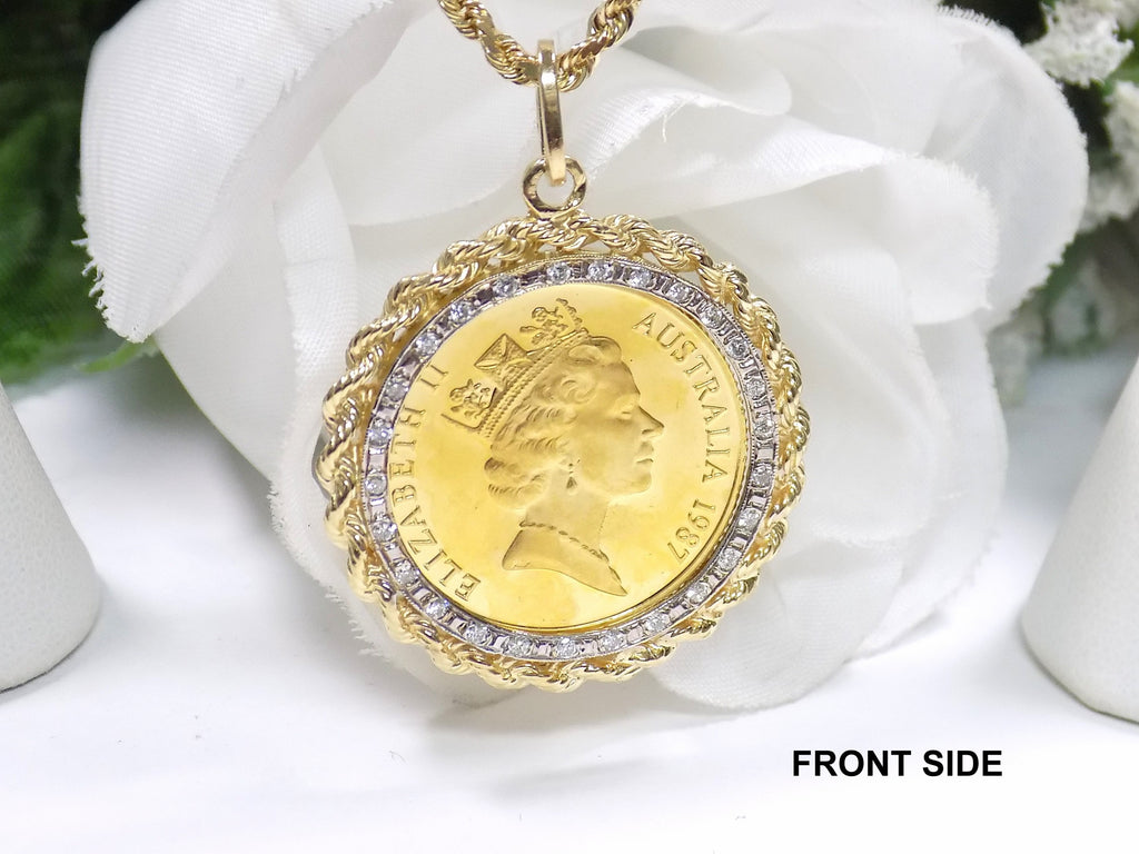This is a vintage 1987 Australian $200 gold coin with a yellow gold rope and diamond bezel pendant shown on a white background.