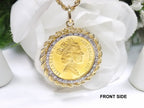 This is a vintage 1987 Australian $200 gold coin with a yellow gold rope and diamond bezel pendant shown on a white background.