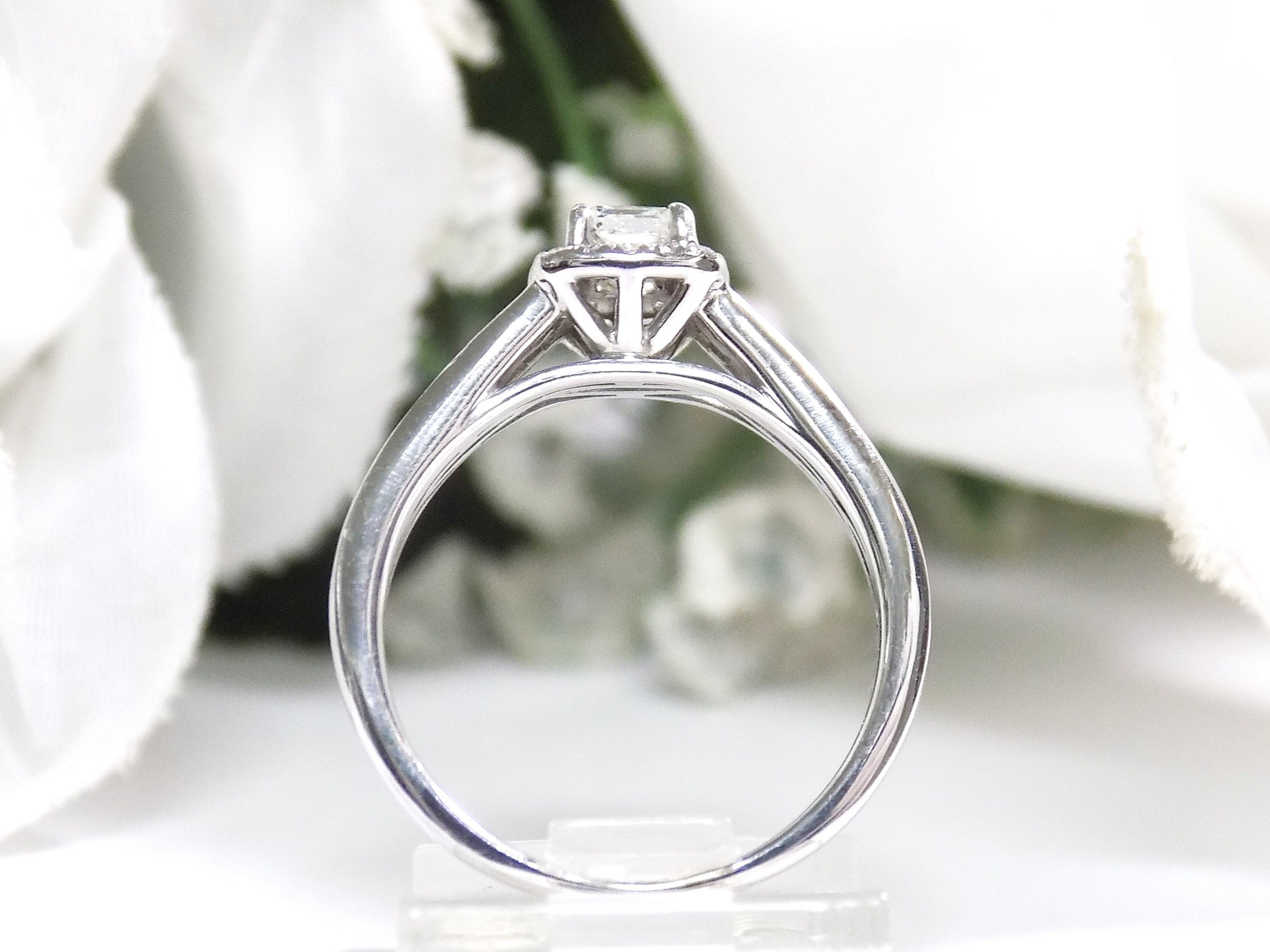 This is a side view halo style .50ct total weight natural princess cut diamond ring in white gold with white background.