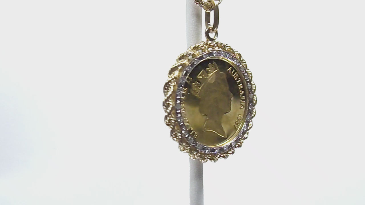 This is a video of a vintage 1987 Australian $200 gold coin with a yellow gold rope and diamond bezel pendant shown rotating with a white background.