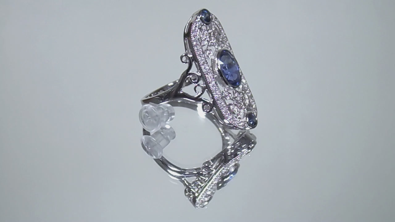 Women's 1.44ct TW Victorian Style Natural Oval Shape Blue Sapphire Ring with Natural Diamond Accents in 14K White Gold