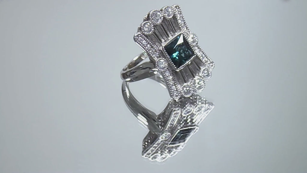 1.78ct Rare Vintage Custom Made Indicolite Tourmaline & Diamond Ring in 14K White Gold - Very Victorian Style - Like Brand NEW!