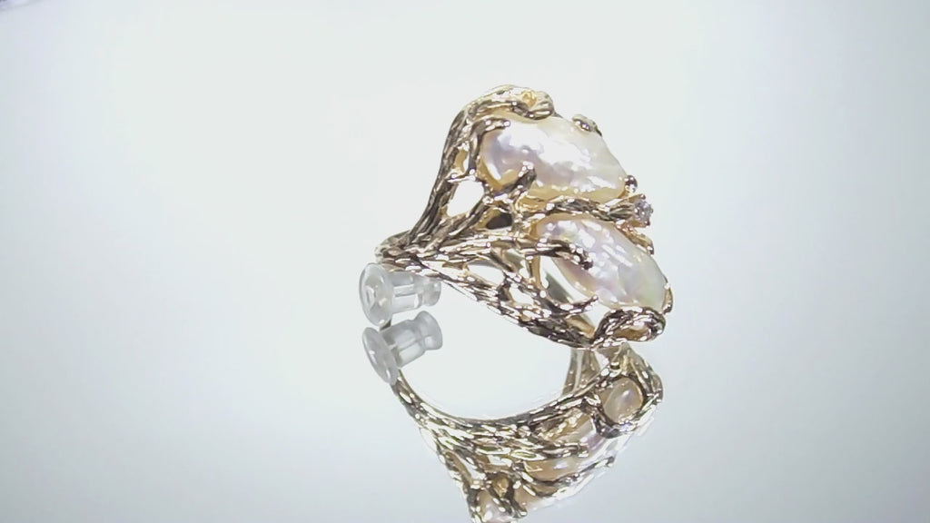 VINTAGE Women's Freshwater Pearl & Natural Diamond Ring in Solid 14K Yellow Gold