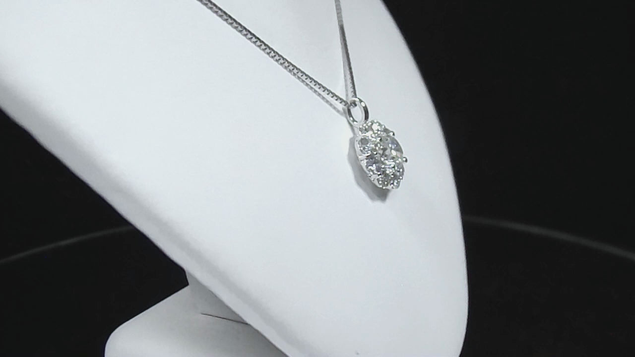 This is a 2.00ct natural round halo style diamond necklace with a 1.00ct center round brilliant diamond and 1.00ct round brilliant diamonds in the halo in 14K white gold on a white neck rotating in a video.