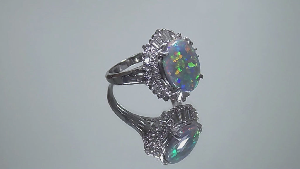 3.32ct TW Genuine Natural Opal from Lightning Ridge Australia with Natural Baguette & Round Diamond Accents in 14K White Gold