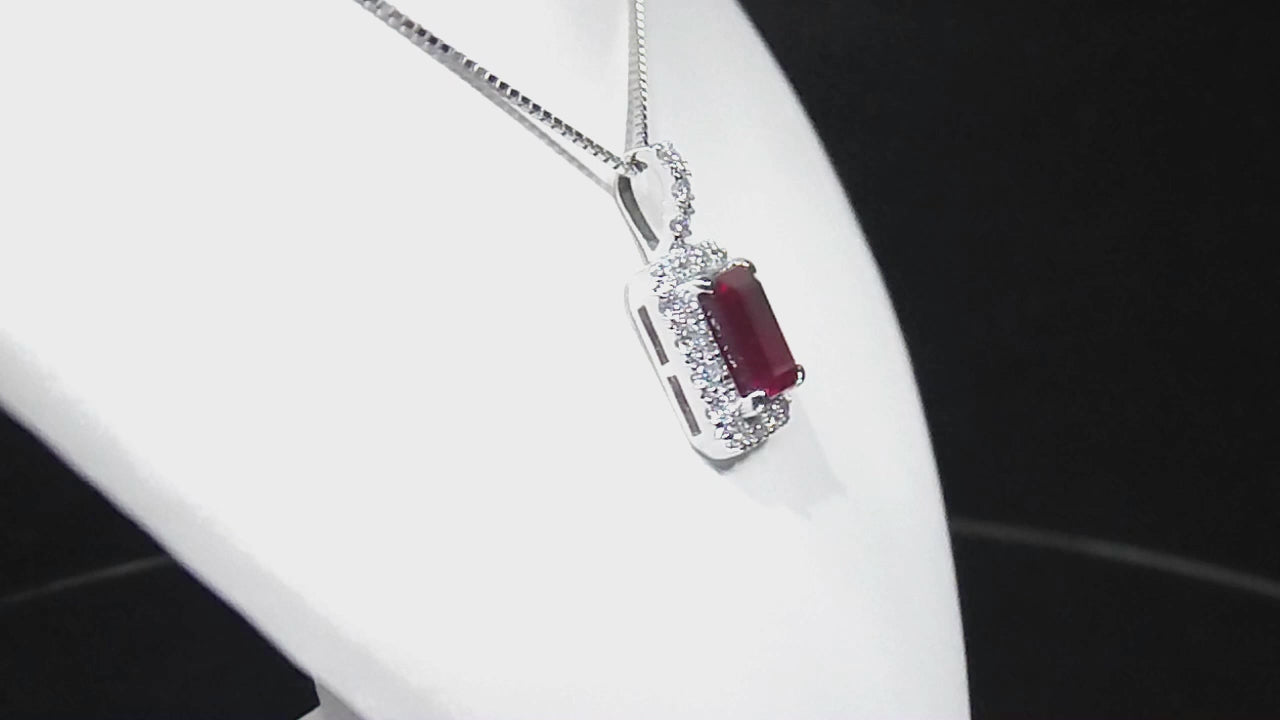 Women's 5.21ct TW Halo Style Natural Emerald Cut Ruby & Diamond Pendant or Necklace in 14K White Gold - Chain Not Included