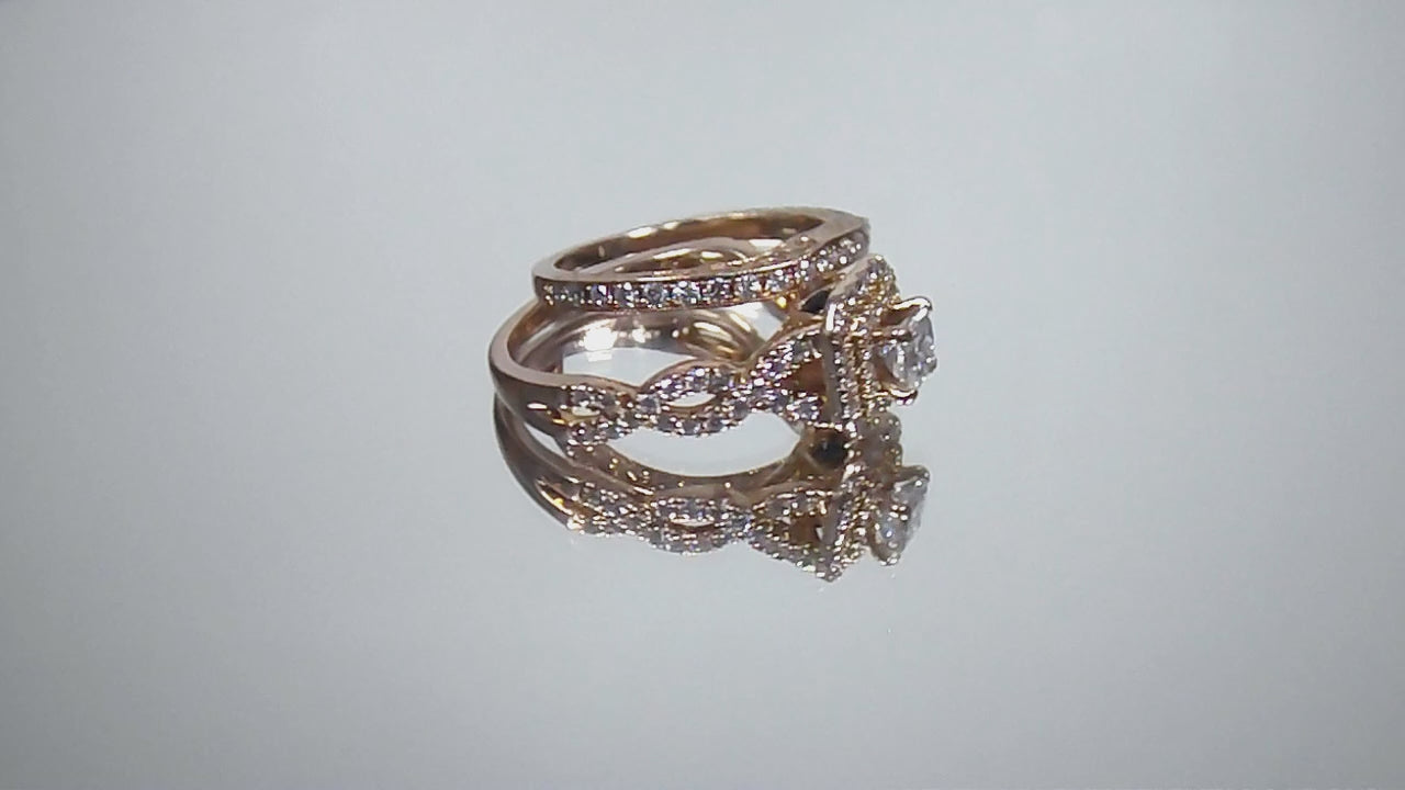 Women 1.25ct TW Double Halo Natural Princess Cut 2-Piece Wedding Set - Engagement Ring + Matching Band in 14K Rose Gold