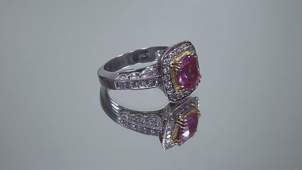 NEW Very Fine 3.07ct TW Natural Cushion/Oval Cut Pink Sapphire & Diamond Ring in 18K White & Yellow Gold 2-Tone