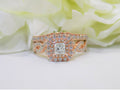 This is a 2pc 1.25ct total weight natural diamond princess cut wedding set with engagement ring and matching band in rose gold with yellow flowery backgound.