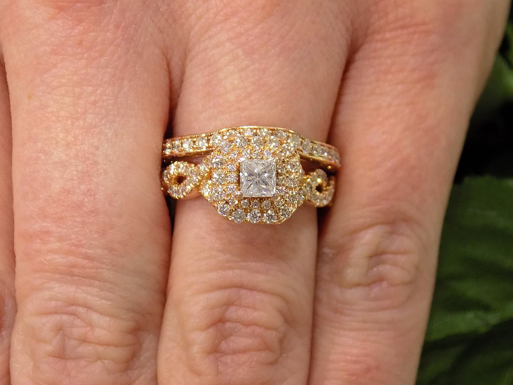This is a 2pc 1.25ct total weight natural diamond princess cut wedding set with engagement ring and matching band in rose gold shown on a woman's finger.